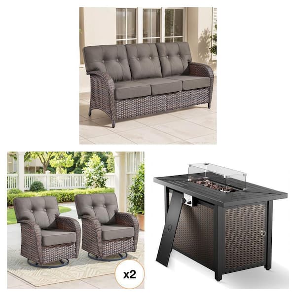 Seaside Wicker 3-Seat Sofa, Two Swivel Rocking Chairs and 43 in. Fire Pit Table Combo