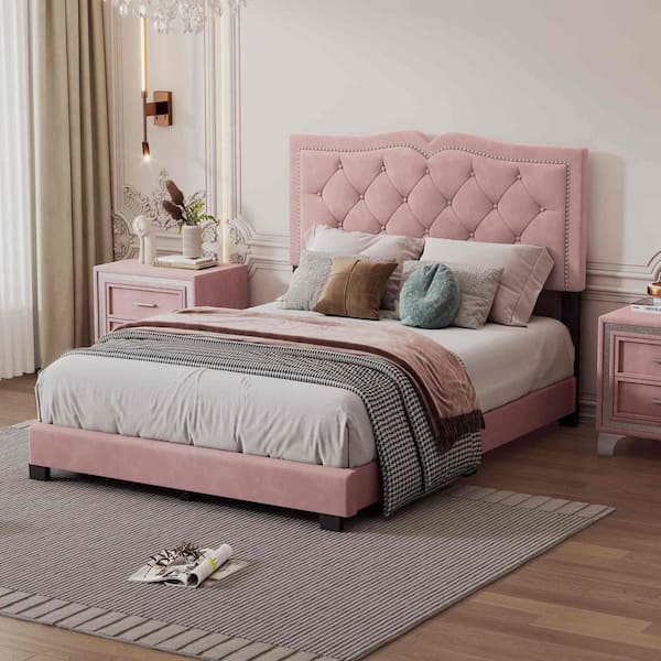 Pink Wood Frame Full Size Platform Bed with Rivet Design, Tufted Headboard