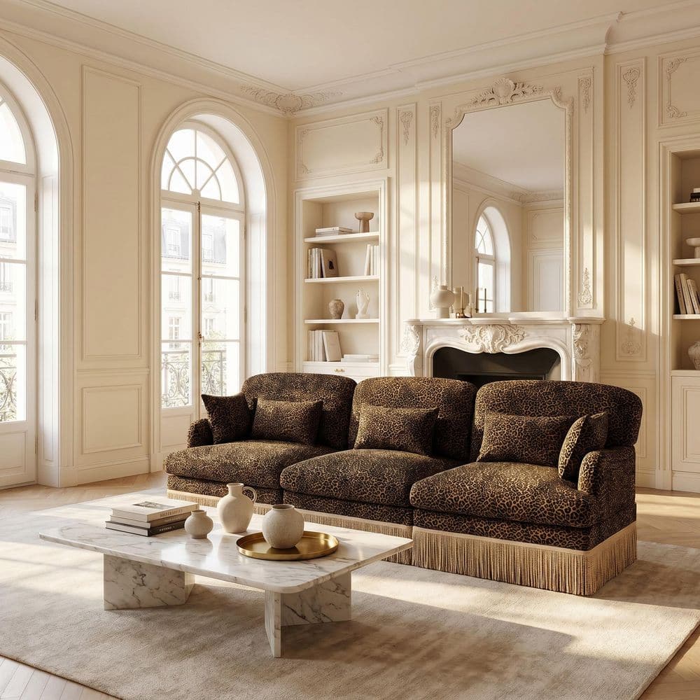 Tucson 100.3 in. Chenille Leopard Print 3-Seater Modular Sectional Sofa with Tassel Trim in Warm Brown Leopard
