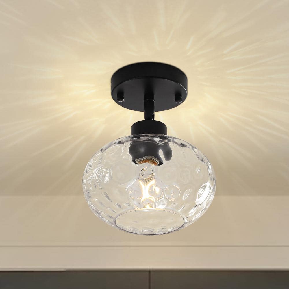7.9 in. 1-Light Matte Black Modern Semi-Flush Mount Ceiling Light with Clear Hammered Glass Globe Shade price history on PriceWatchPro