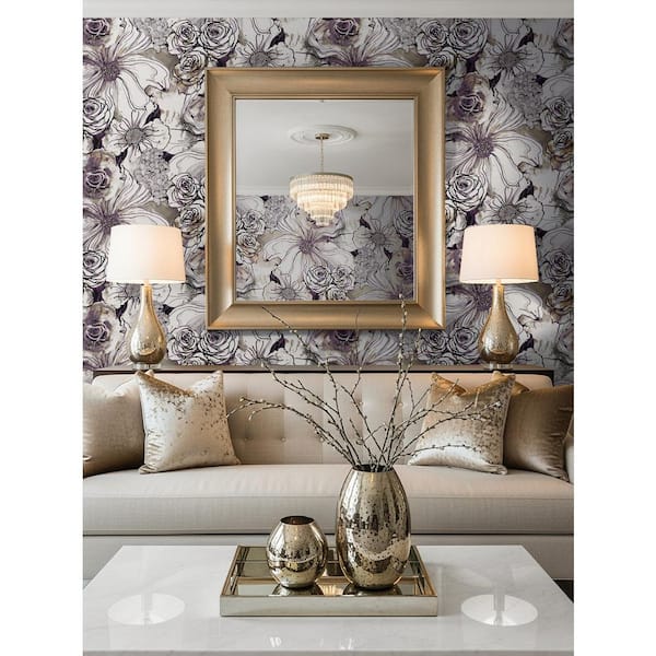 30.75 sq. ft. Metallic Silver and Plum Ink Rose Vinyl Peel and Stick Wallpaper Roll