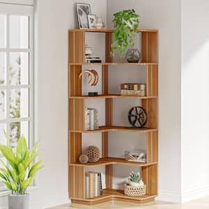 Jannelly 65 in. Brown Engineered Wood 6-Shelf Corner Standard Bookcase Bookshelf with Anti-Drop Panel