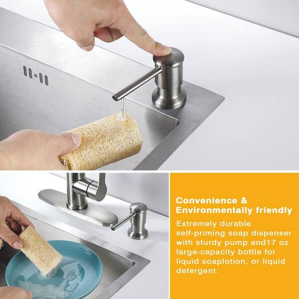 304 Brushed Stainless Steel Soap Dispenser For Kitchen Sink - 17oz Large Capacity, Top Refill, 360° Swivel Pump