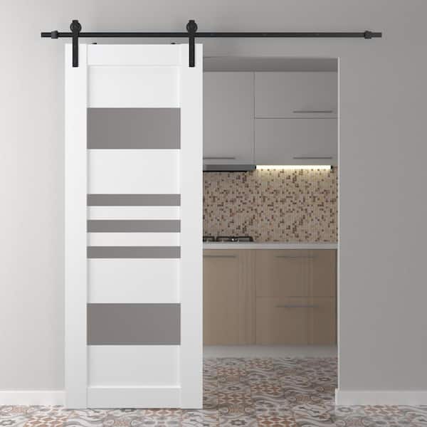 Belldinni Leti 18 in. x 95.25 in. 5 Lite Frosted Glass Bianco Noble Composite Core Wood Sliding Barn Door with Hardware Kit