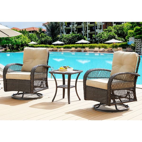 3-Piece Wicker Outdoor Rocking Chair Set (2-Chairs Plus 1-Glass Top Side Table) with Khaki Cushion