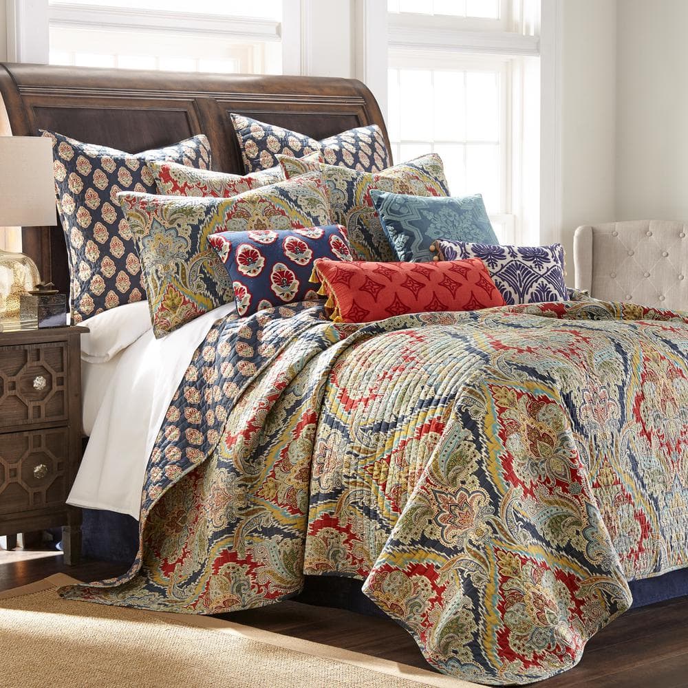 Moreno Blue and Red Cotton Damask Euro Sham Set