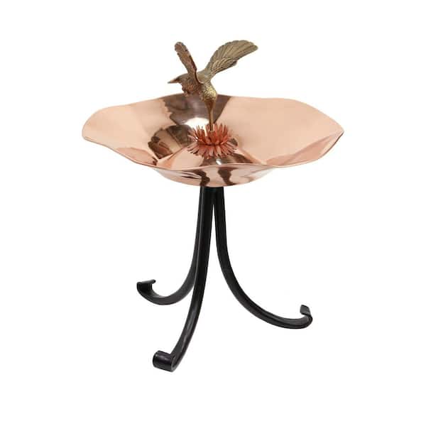 16.5 in. H Polished Brass and Aluminum Hummingbird Birdbath with Black Wrought Iron Tripod Stand