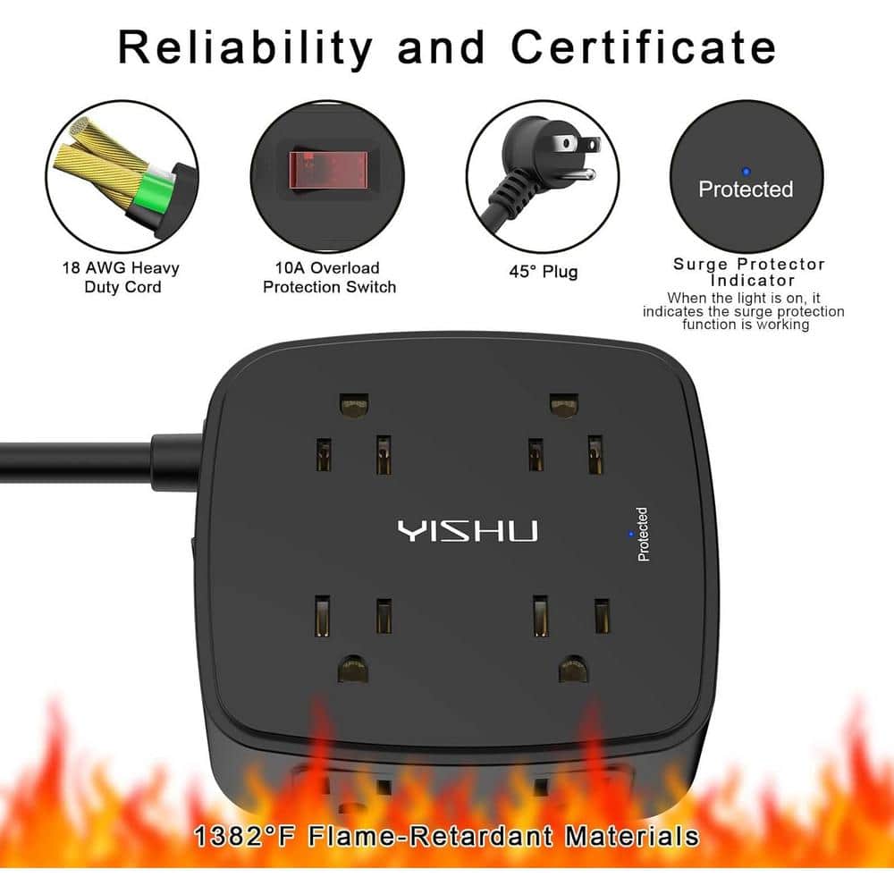 Black 6 Ft Fire Resistant Power Strip with USB Ports