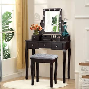 Brown Vanity Dressing Table Set with 10-Dimmable Bulbs Touch Switch Cushion Stool