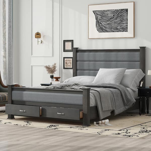 Qualler Antique Gray Wood Frame Queen Size Platform Bed with Upholstered Headboard and 2-Drawers