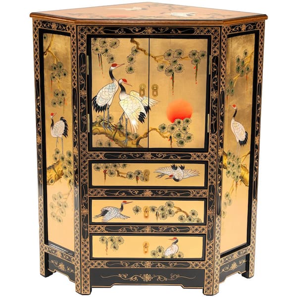 Oriental Furniture Gold Lacquer Cranes Corner Accent Cabinet