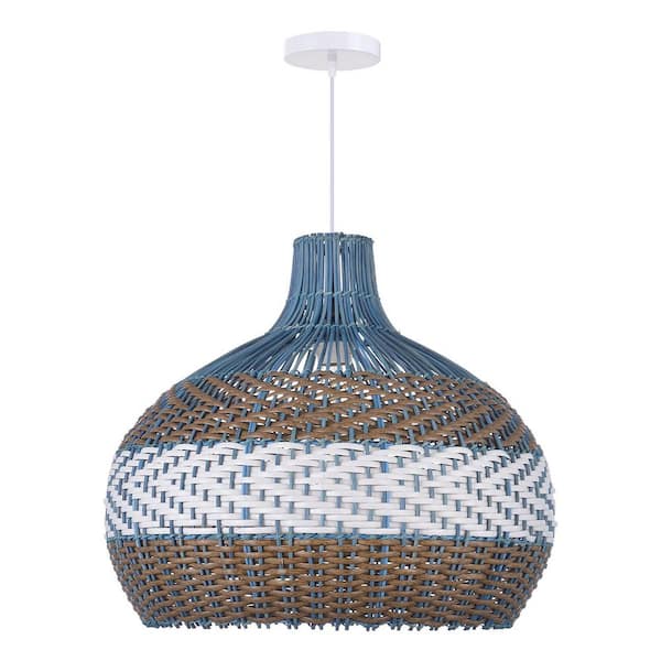 1 Light Blue and White Hand-Woven Rattan Pendant Light with Basket Shape, No Bulbs Included 16 in.