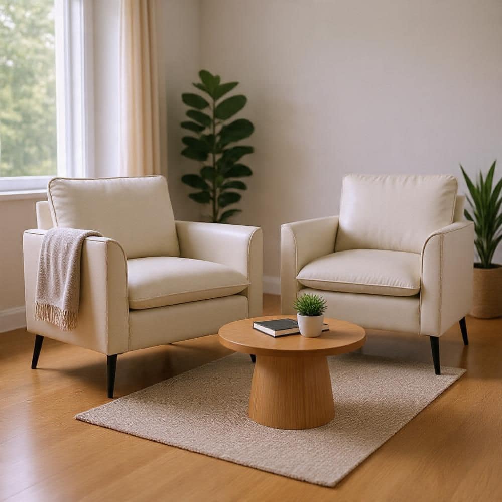 Set of 2 Pimi Cream White and Black Faux Leather Sofa Chair with Retro Legs