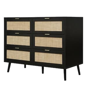 46.66 in. W x 15.75 in. D x 30.2 in. H Black Linen Cabinet with 6 Drawers and Wood Legs