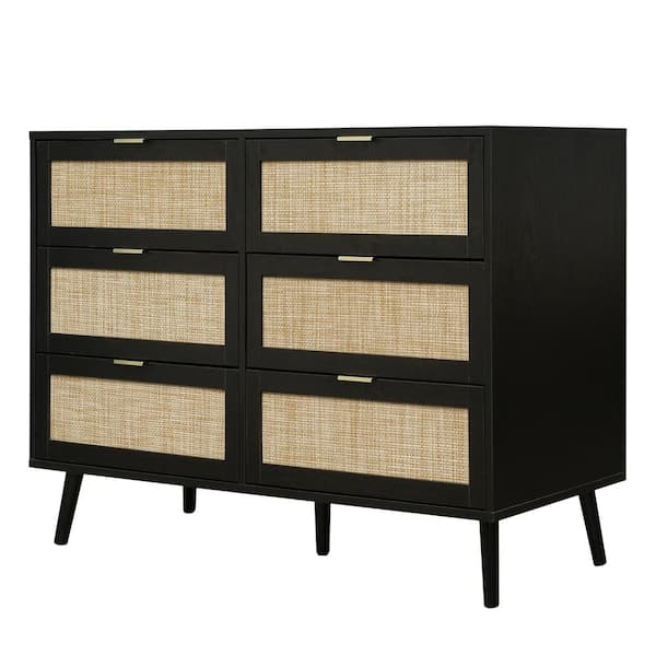 Unbranded 46.66 in. W x 15.75 in. D x 30.2 in. H Black Linen Cabinet with 6 Drawers and Wood Legs
