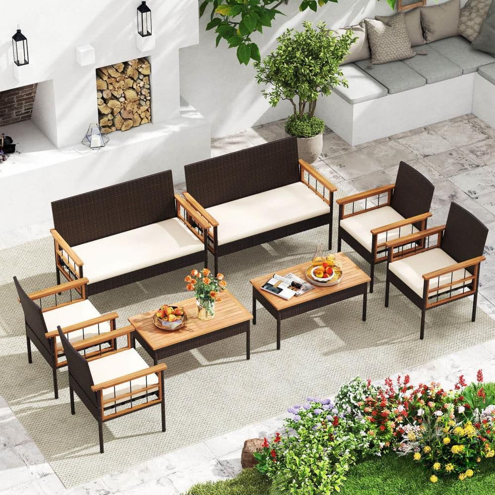 8 PCS Wicker Furniture Set with Acacia Wood Tabletop Armrests Cushions for Backyard price history on PriceWatchPro