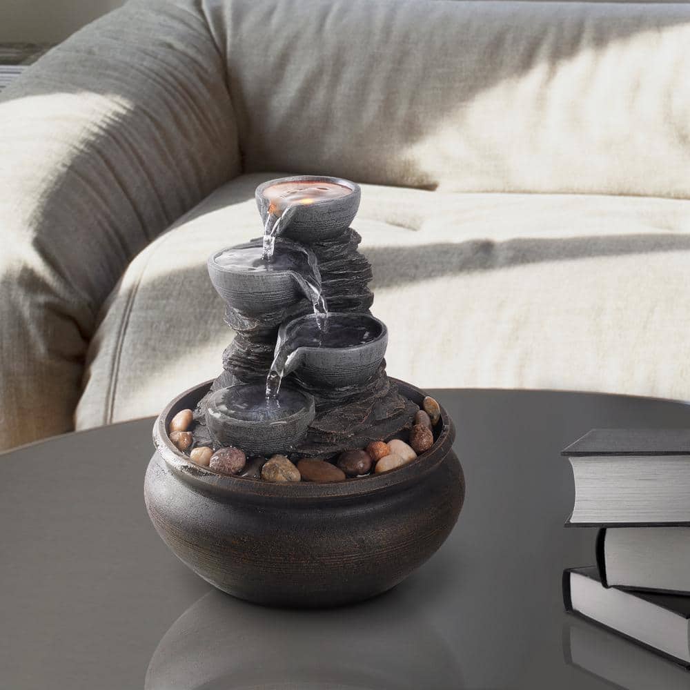 Stone Gray 4-Tier Tabletop Fountain with LED Lights