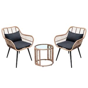 Joivi Black Wicker Outdoor Lounge Chair Set with Round Glass Top Coffee Table and Black 2 Cushioned Chairs (3-Piece)