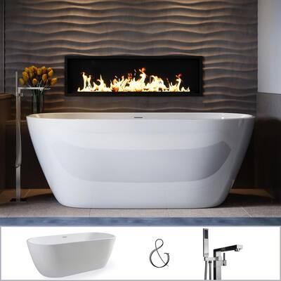 Woodside 59 in. Acrylic Oval Flatbottom Stand-Alone Freestanding Bathtub Combo - Tub in White, Faucet in Brushed Nickel
