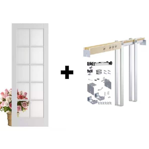 30 in. x 80 in. 10 Lite Clear Glass White Primed Composite MDF Wood Door Slab + Pocket Door Frame & Hardware-Combo