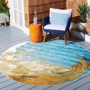 Barbados Blue/Gold 5 ft. x 5 ft. Round Gradient Waves Indoor/Outdoor Area Rug