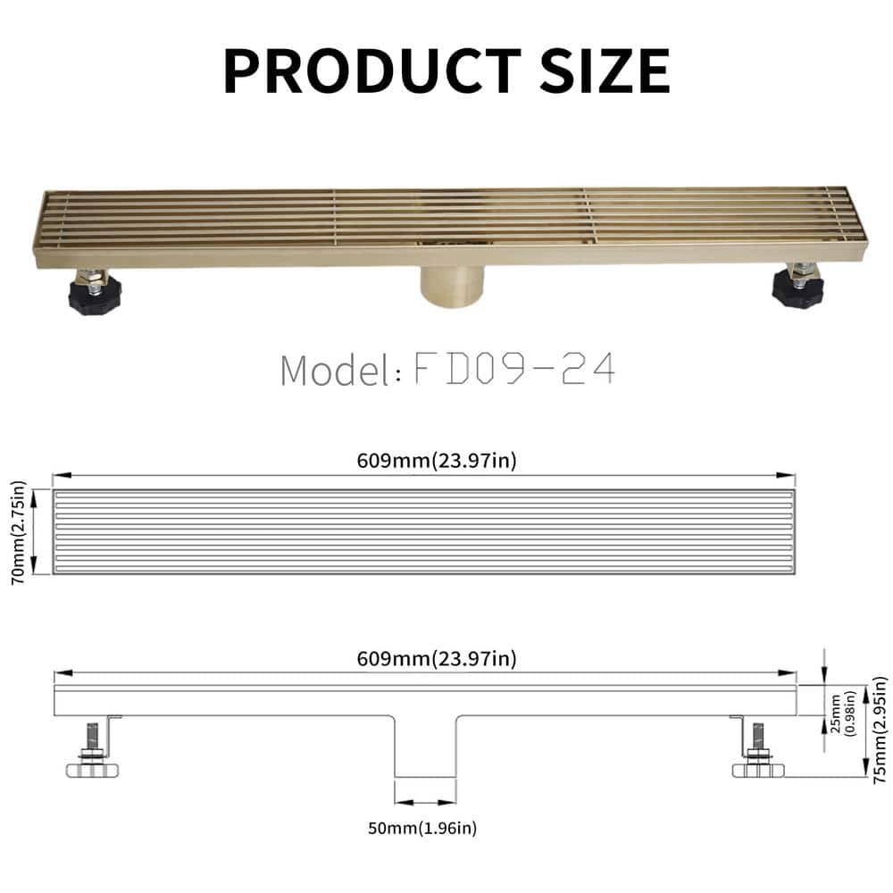 24-Inch Brushed Gold Stainless Steel Linear Shower Drain