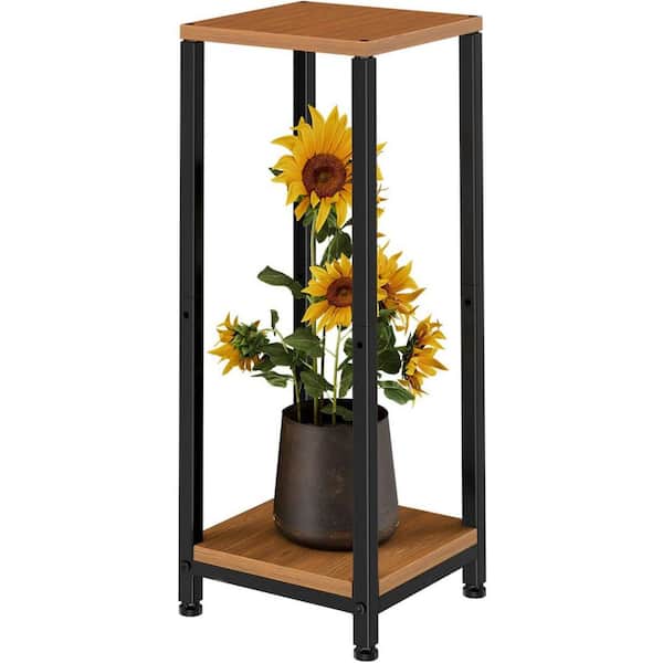 2-Tier Tall Metal Plant Stand with Wood Shelves, Corner Indoor Flower Shelf Holder, Heavy Duty Storage Rack, Black