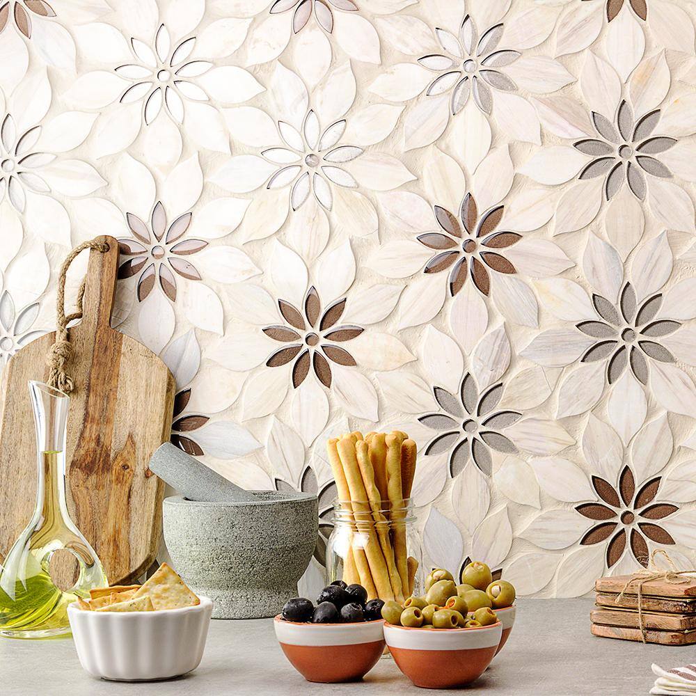 Thistle Ivory and Black Polished Marble Mosaic Tile Sheet