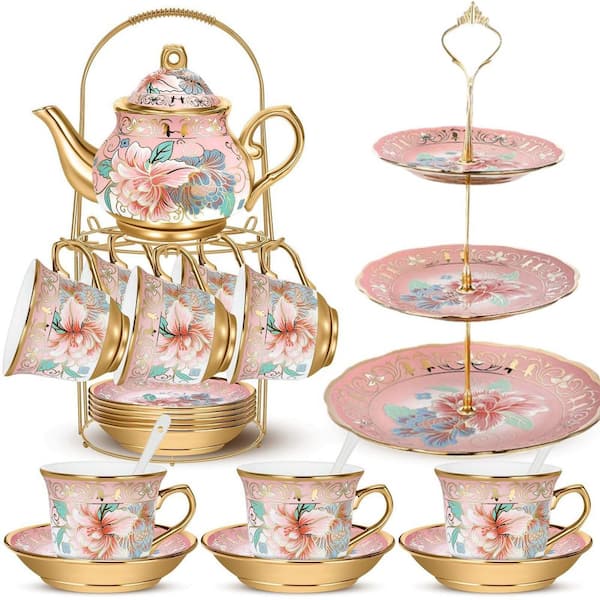 21-Piece 6-Cup Pink Porcelain Tea Pot Set with Cups, Saucers, Metal Holder and Cupcake Stand for Parties Weddings