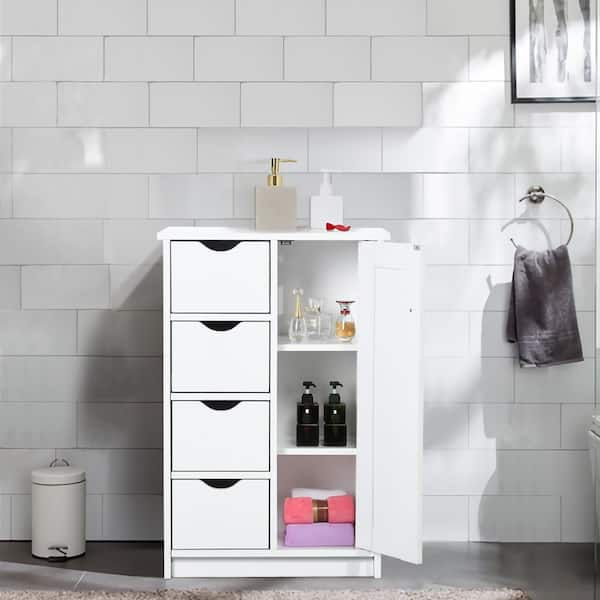 Tileon 3-Shelves White MDF Floor Storage Organizer Cabinet with 4 ...