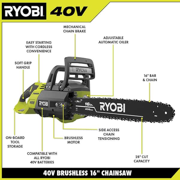RYOBI RY40550 40V HP Brushless 16 in. Battery Chainsaw with 4.0 Ah Battery and Charger - 3