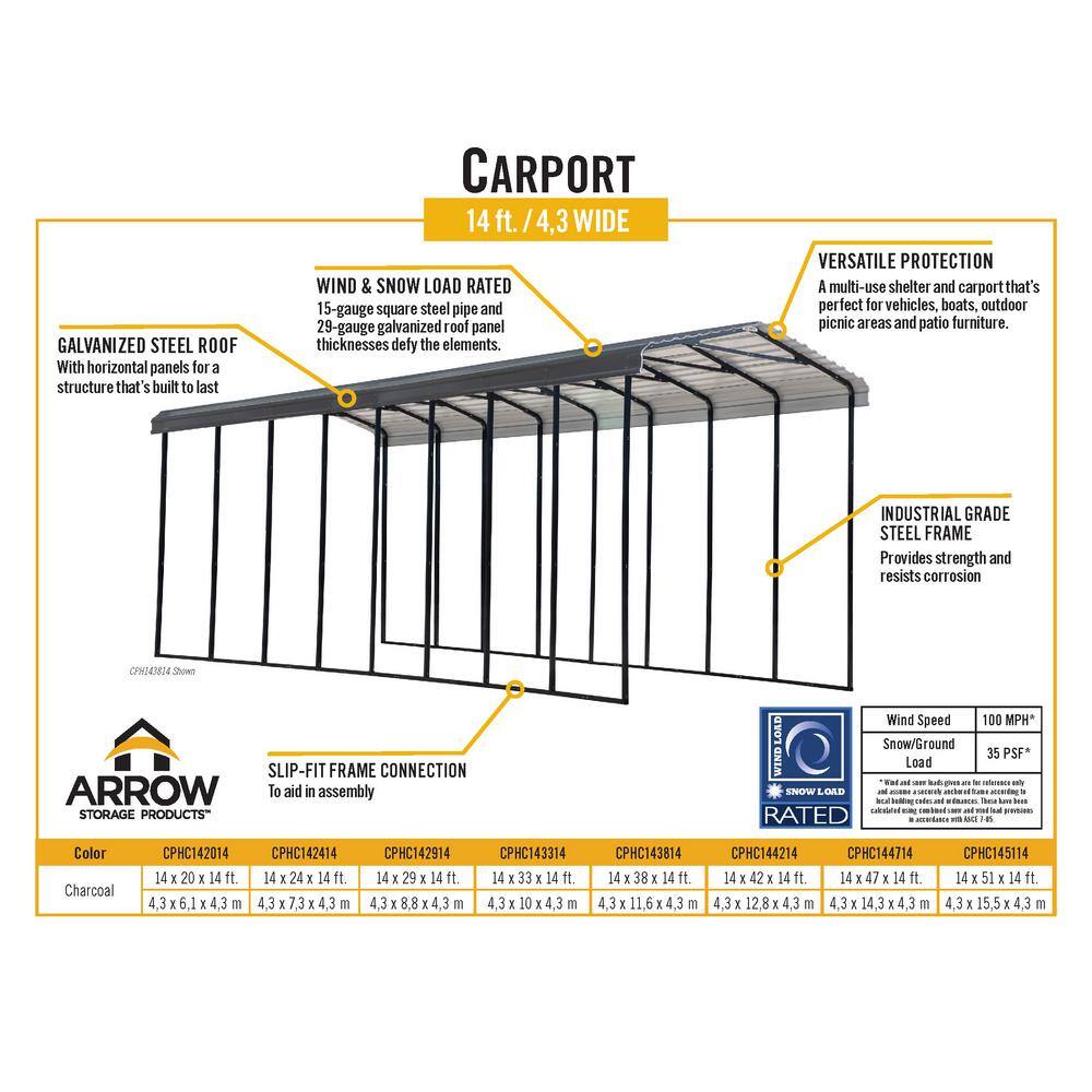 Charcoal Galvanized Steel Peak Roof Carport Kit, 14' x 24'