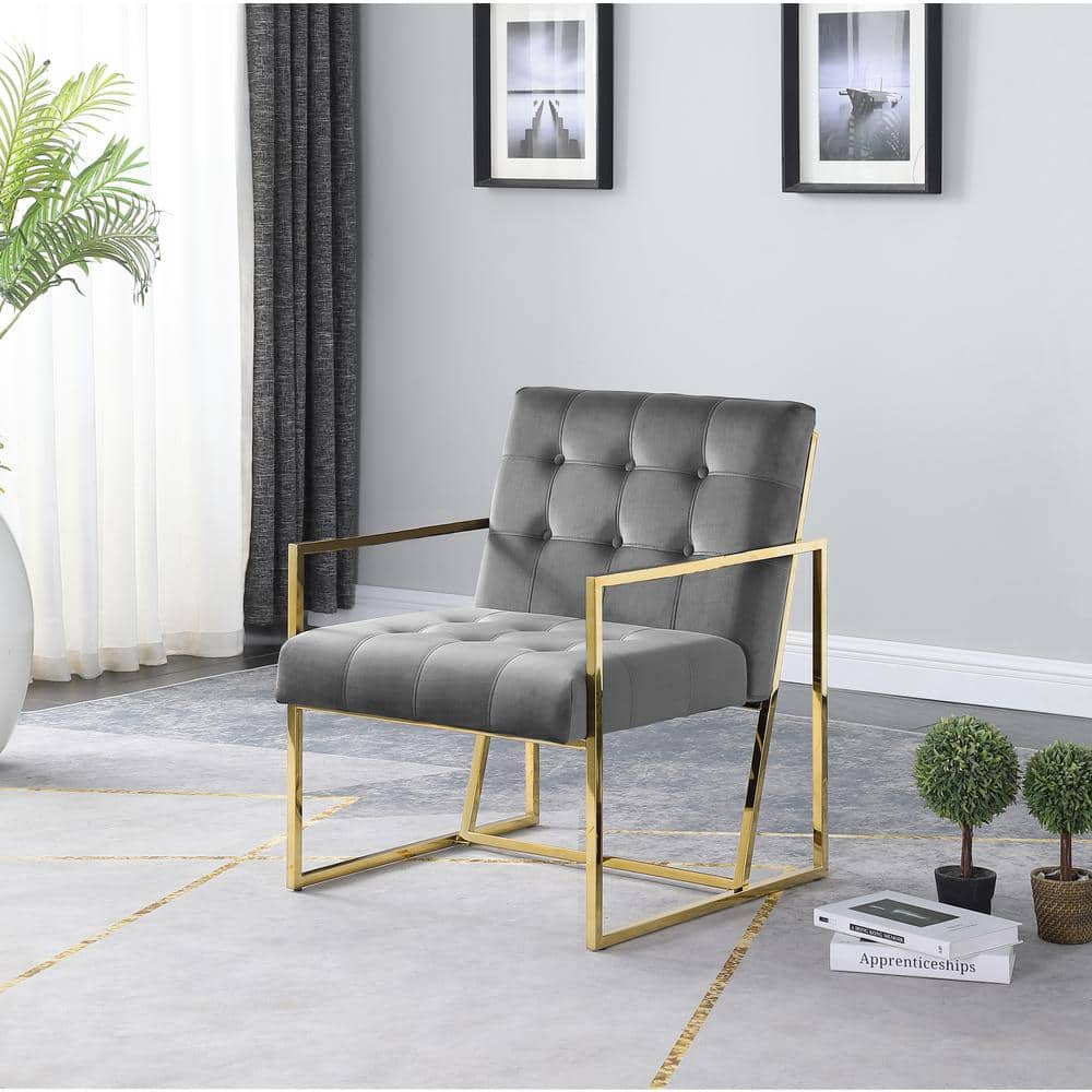 Beethoven 31.5" Gray Velvet & Gold Metal Modern Accent Chair