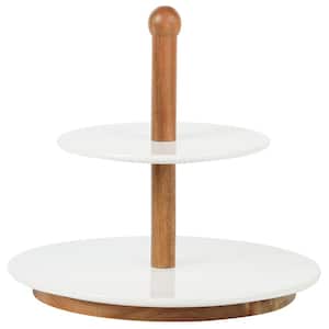 Gracious Dining 2-Tier 3 Piece White Stoneware Serving Cake Stand with Wood Base