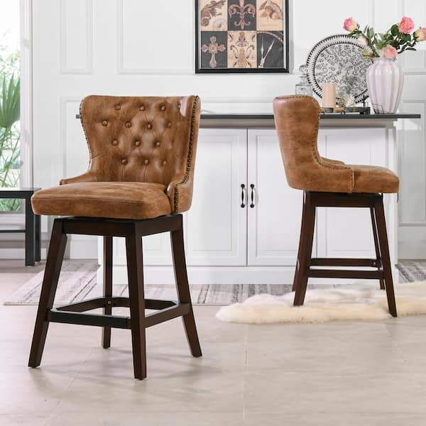 Holmes 27 in. Tufted Tan Brown Faux Leather High Back Swivel Kitchen Counter Height Bar Stool with Wood Frame