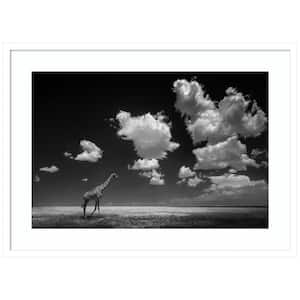 "Giraffe Goneith the Clouds" 1-Piece Framed Black and White Animal Photography Wall Art 24 in. x 33 in.