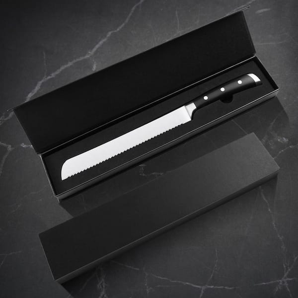 10 in. Japanese AUS-10 Steel Partial Tang Serrated Edge Stainless Steel Bread Knife with Ergonomic Handle
