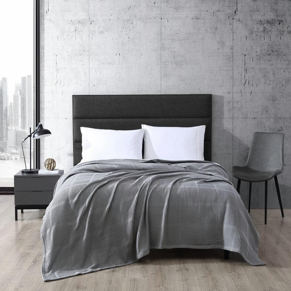 Medium Grey Twin Cotton Waffle Weave Blanket