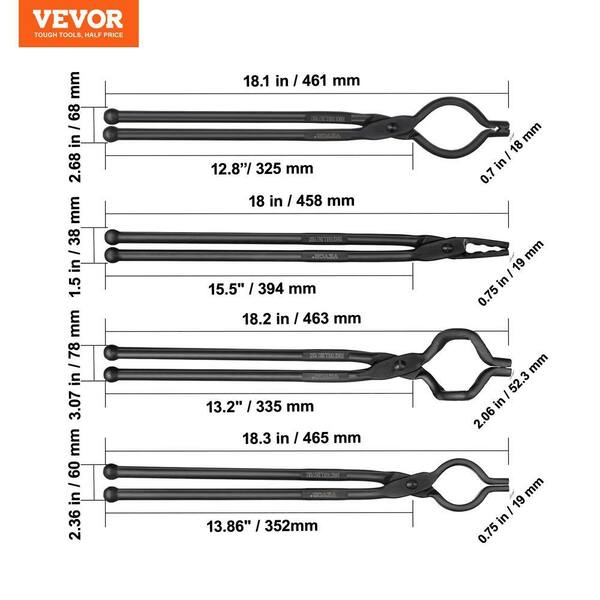 VEVOR Blacksmith Tongs, 18 in. 4-pieces, V-Bit Bolt Tongs, Wolf