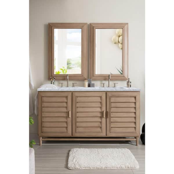 James Martin Vanities Portland 60 in. W x 23.5 in.D x 34.3 in. H Double Bath Vanity in Whitewashed Walnut with Marble Top in Carrara White