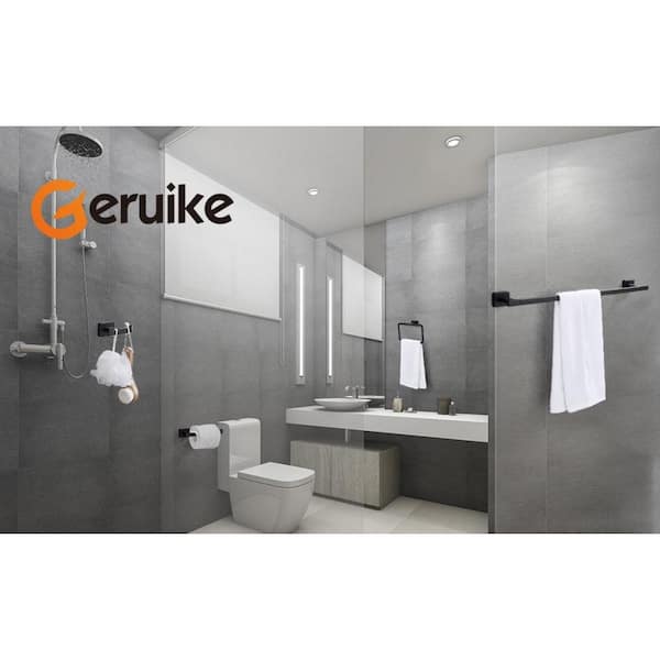 Premium 4-Piece Bath Hardware Set with 18" Towel Bar, Square Towel Ring, Toilet Paper Holder, Robe Towel Hook in Black