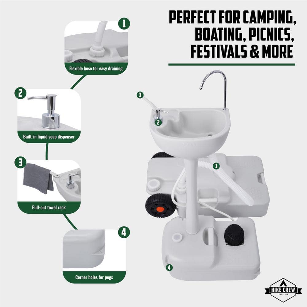 White Portable Camping Sink with Waste Tank and Foot Pump