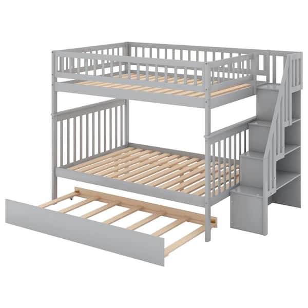 Nestfair Gray Wood Full over Full Bunk Bed with Trundle and Staircase ...