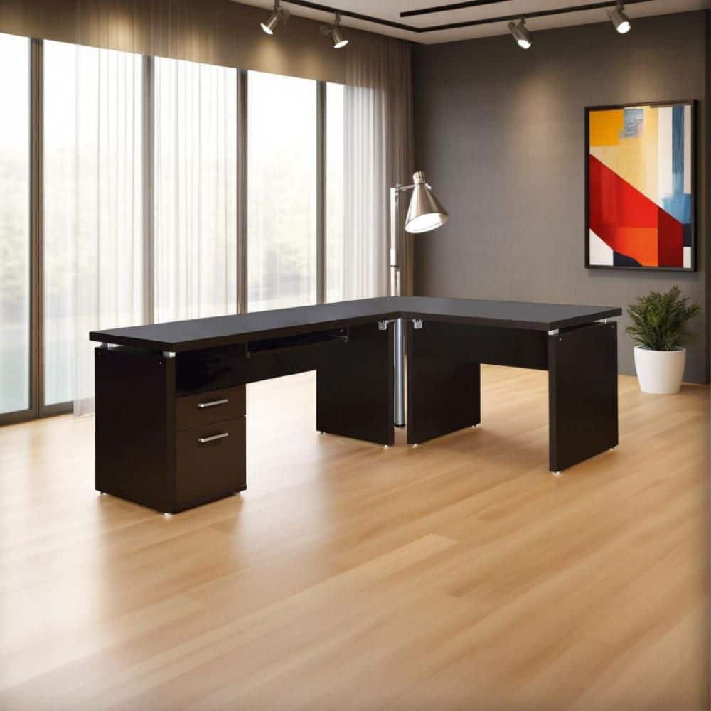 Niti 82.75 in. L-Shape Brown Wood Writing Desk with Slide Out Keyboard Tray