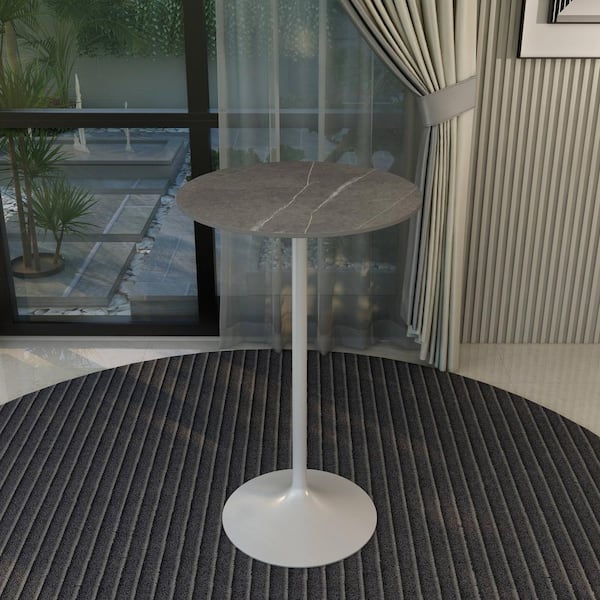 Leisuremod Round 27 in. Bar Height Dining Table with Sintered Stone Top and White Steel Pedestal Base Verve Series in Marble Grey