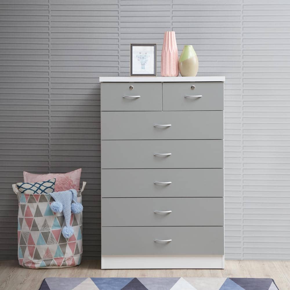 Gray Wood 48" 7-Drawer Roller Chest with Locking Top Drawers