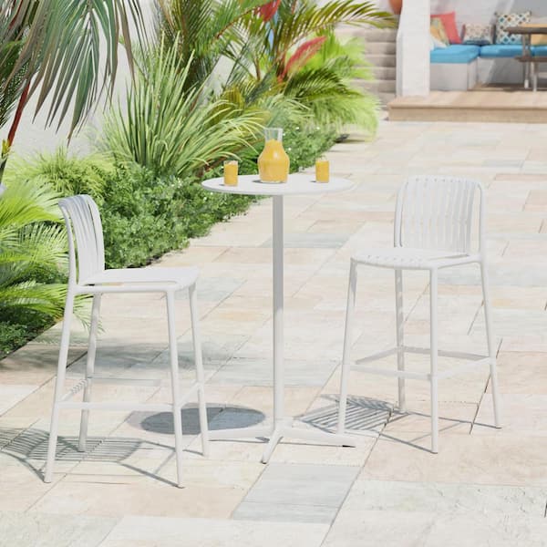 Frond and Form Modern Slatted Outdoor Patio Poly Plastic Stackable 29.5 in. Bar Stool (Set of 2), White