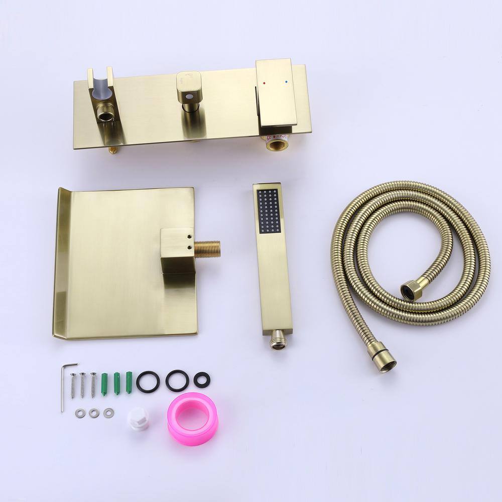 Brushed Gold Wall-Mounted Waterfall Tub Filler with Hand Shower