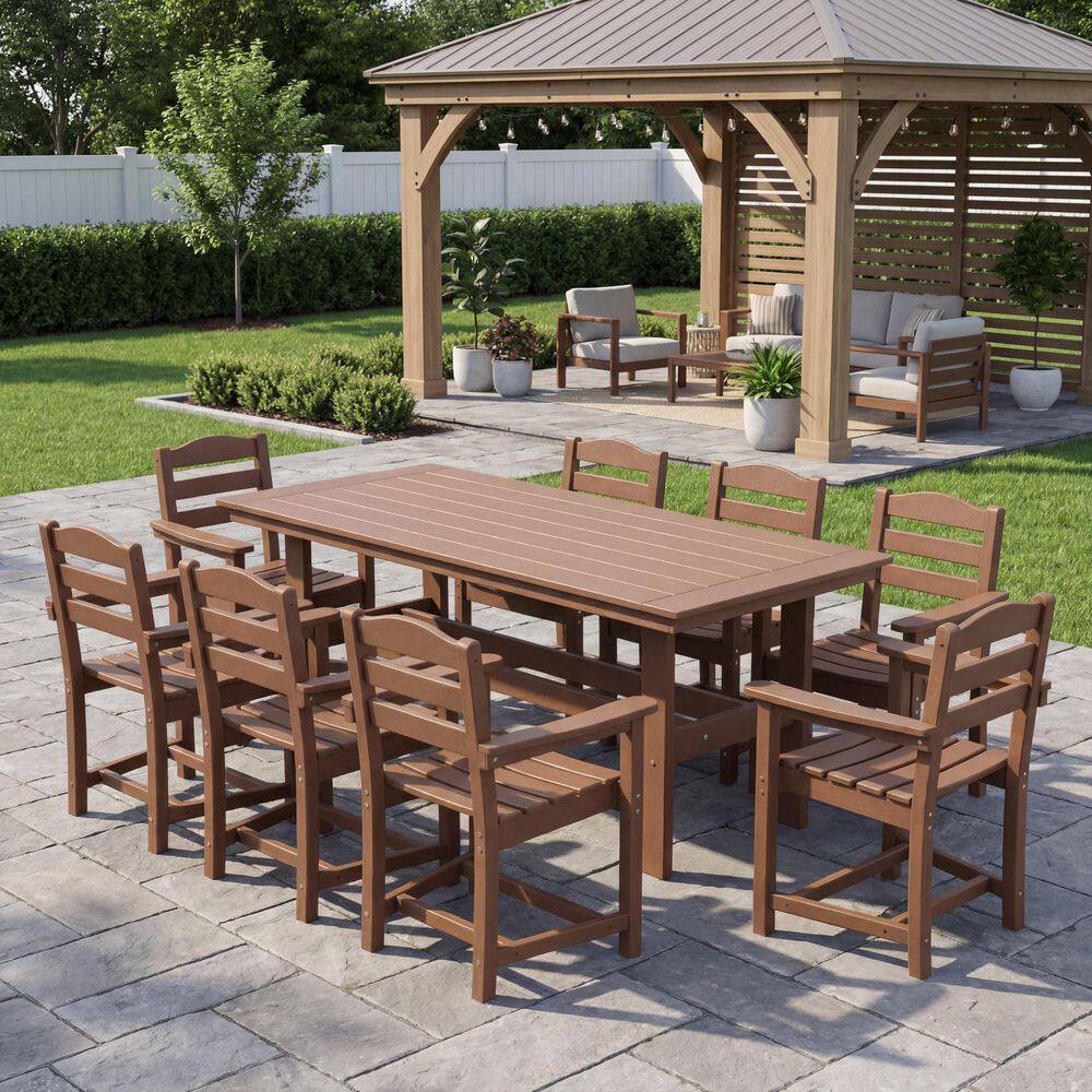 Brown 9-Piece Durable HDPE Rectangular Patio Outdoor Dining Set with 8 Armchairs and Umbrella Hole Table, All-Weather