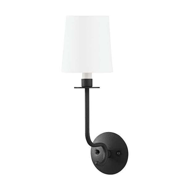 Forged Black Simple 1-Light Sconce Wall with White Fabric Shade UL Damp 